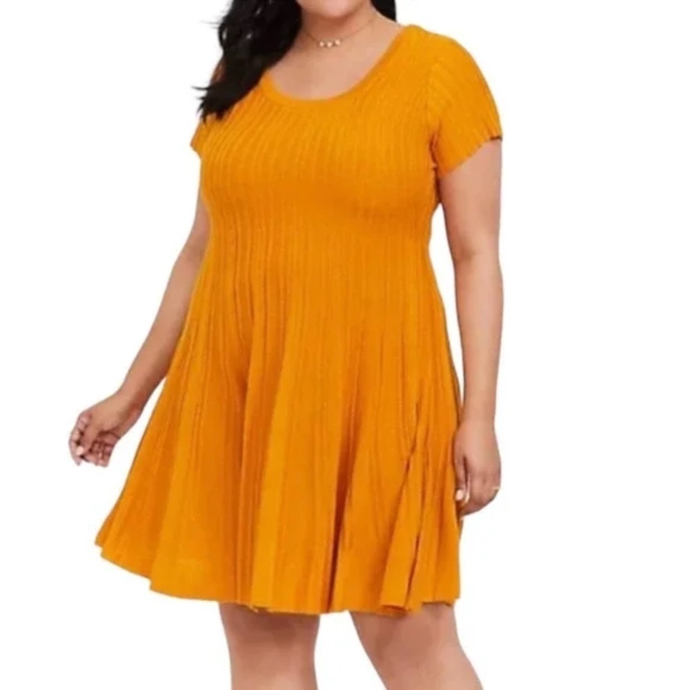 Torrid Ribbed Knit Dress Mustard Gold Mini Sweater Skater Scoop Neck Dress 3X - Picture 2 of 16